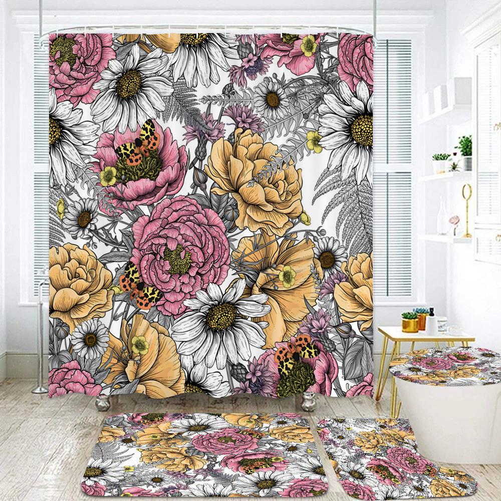 Pink Floral Rose Waterproof Shower Curtain Sets Toilet Seat Cover Non-Slip Bath Mat Rug Carpet Bathroom Decor Polyester Fabric