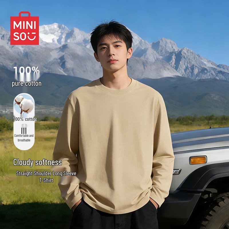 MINISO Men's Pure Cotton Loose Fit Long Sleeve T-Shirt
