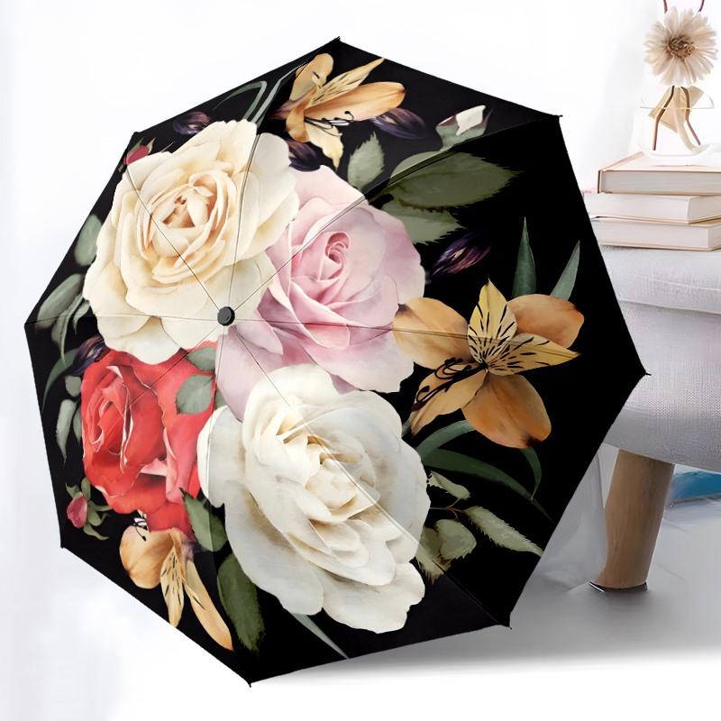 Elegant Floral Bouquet Folding Umbrella with 8 Iron Ribs & Automatic Open/Close - Windproof Portable Design, & Golden Floral P