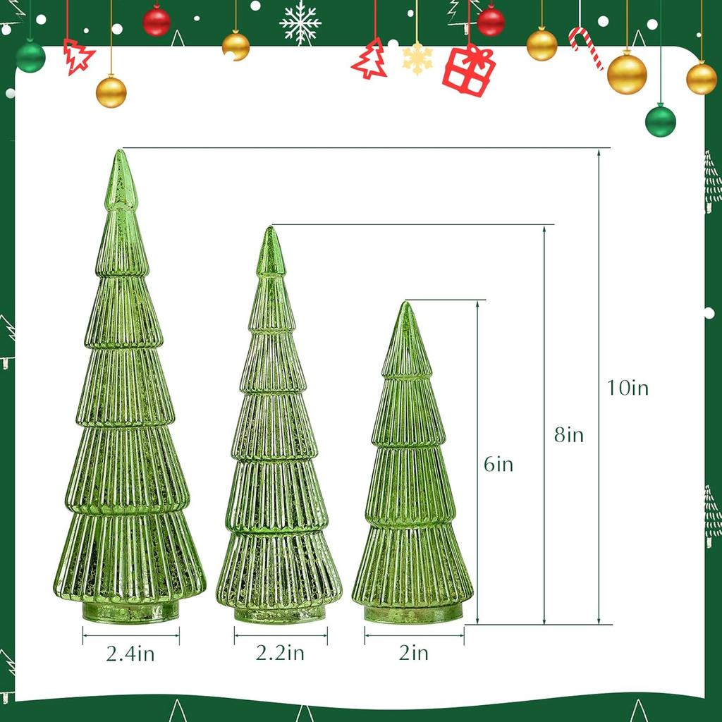 3pcs Green Glass Christmas Tree Figurines, Crystal Finish Tabletop Ornaments for Home Decor