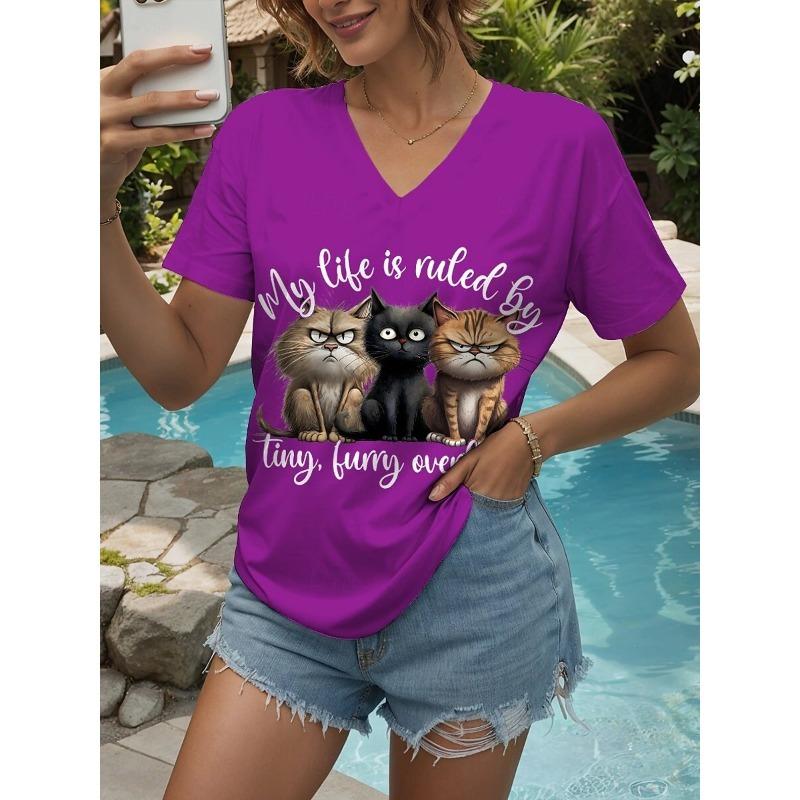 Summer Women's T-Shirt Animal Cat Print Graphic T Shirts Fashion Casual Top Women Oversized V-Neck Women's Clothing