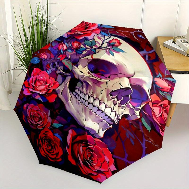 1pc Skull and Roses Automatic Opening and Closing Umbrella - Small Umbrella Suitable for Various Occasions N081
