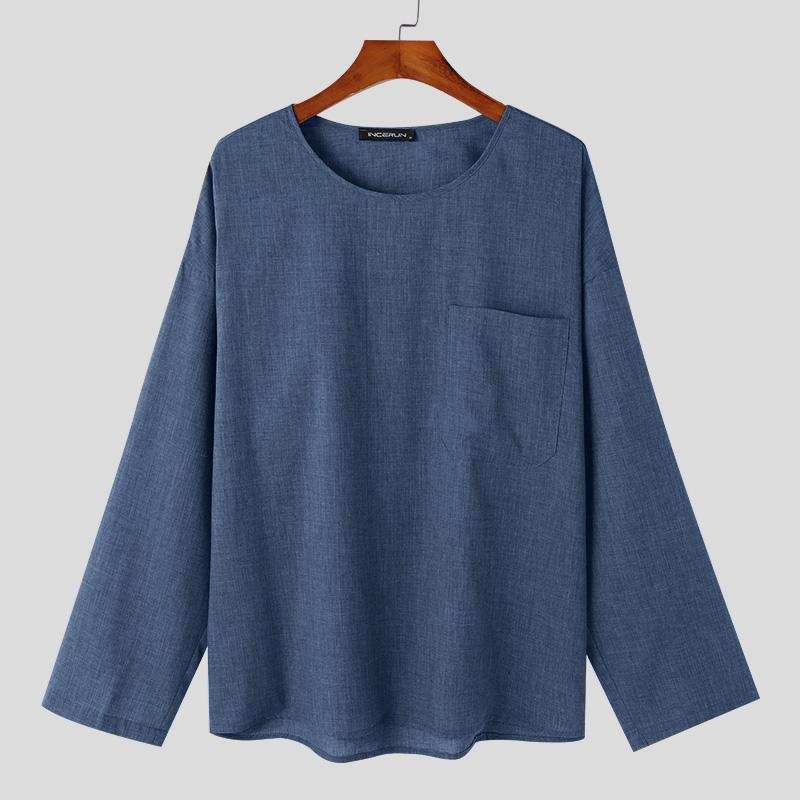 

INCERUN Men Autumn Round Neck Long Sleeve Solid Color Tops Casual Undershirts 4XL синій