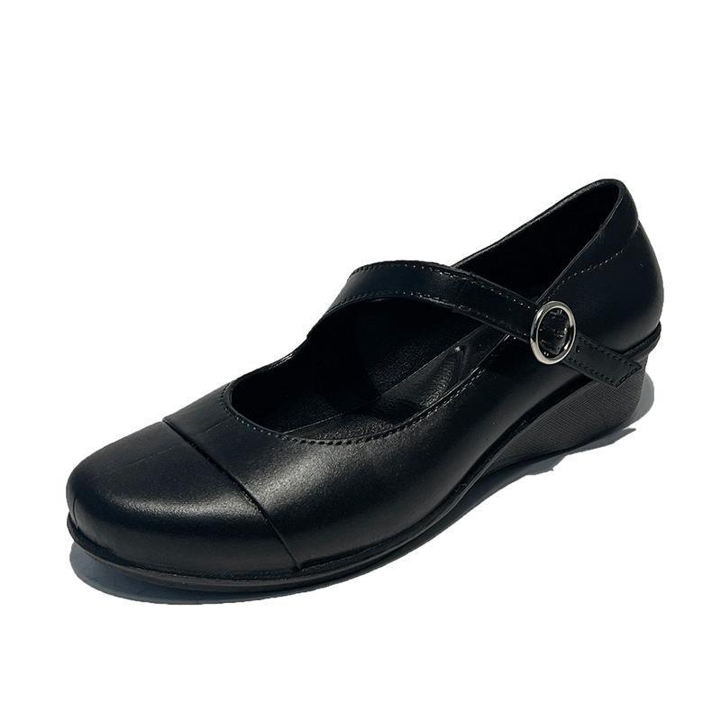 Loafers single shoes women's buckle wedge sandals thick sole heightening temperament black small leather shoes mother work shoes high heel