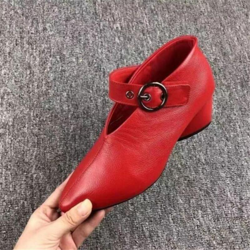 Fashion Size 34-43 Women High Heel Shoes Spring Autumn Belt Buckle High Heel Leather Shoes Thick Heel Deep Mouth Pointed Women's Shoes