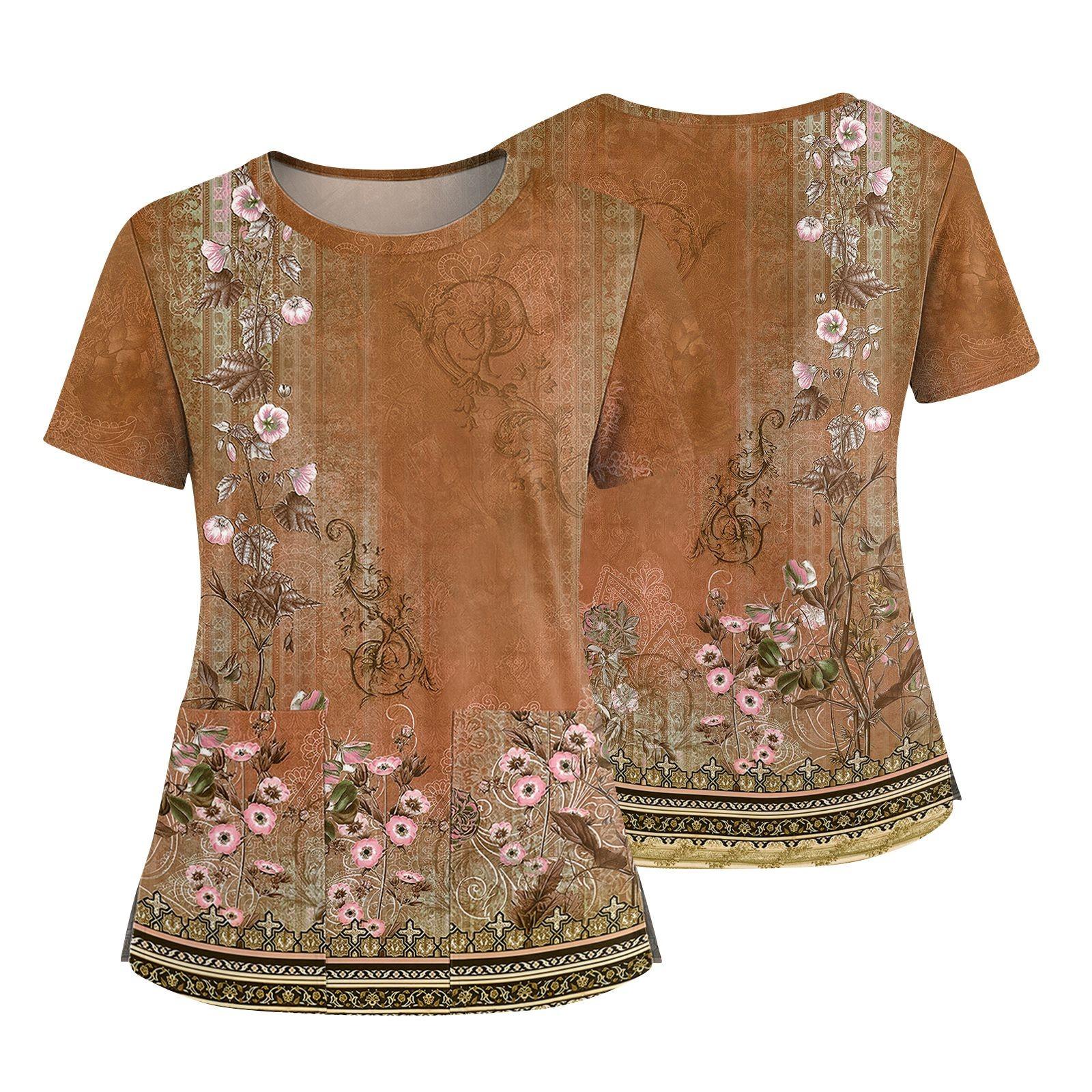 

Женская модная футболка с принтом, круглым вырезом, карманом, короткими рукавами и разрезом по низу, униформа и рабочая блузка XL жёлтый