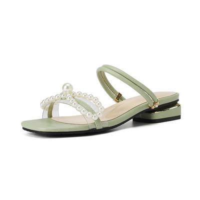 Sommerschuhe Damen Sandalen Perle Flach Marke Damen Sommerurlaubsschuhe Elegant Partyschuhe Beige Grün Übergröße 42 A4629