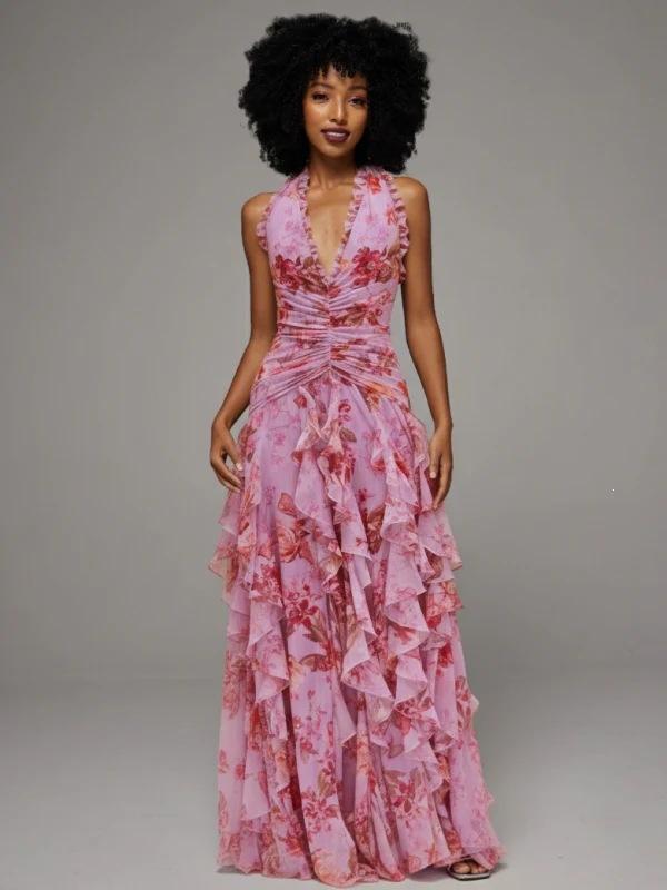 2026 European and American New French Sweet V-neck Strap Irregular Multi-layer Dress Evening Dress