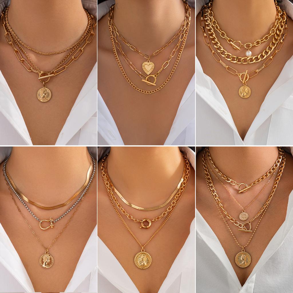 Retro Portrait Pendant Necklace Set, Fashionable Metal Snake Bone Chain Stacked With Collarbone Necklace.