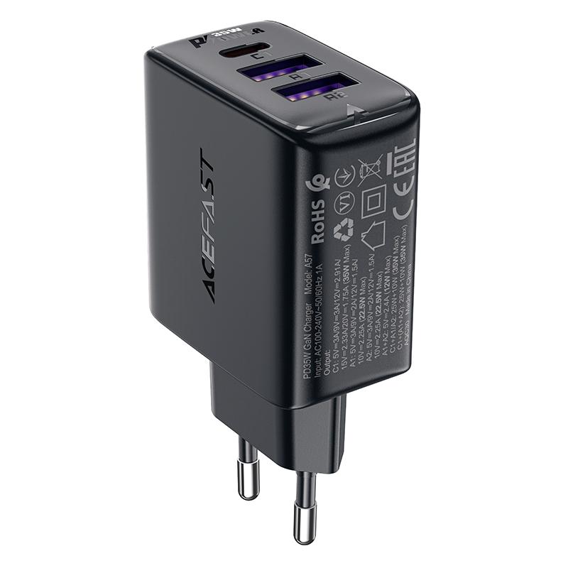 35W GaN PD Wall Charger with 3 Ports 2x USB-A + USB-C Black