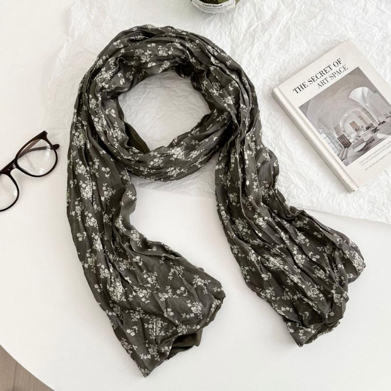 Scarf autumn and winter new floral retro pleated silk scarf neck protection warm scarf twist braid scarf shawl