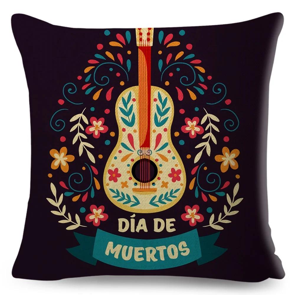 Day Of The Dead Pillowcase Decor Cartoon Mexico Flower Skull Print Cushion Cover for Sofa Home Polyester Pillow Case 45x45cm
