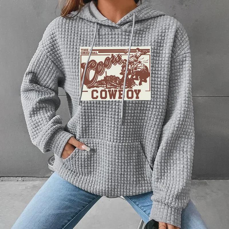 European & American Women's Waffle Knit Hooded Letter Print Sweatshirt