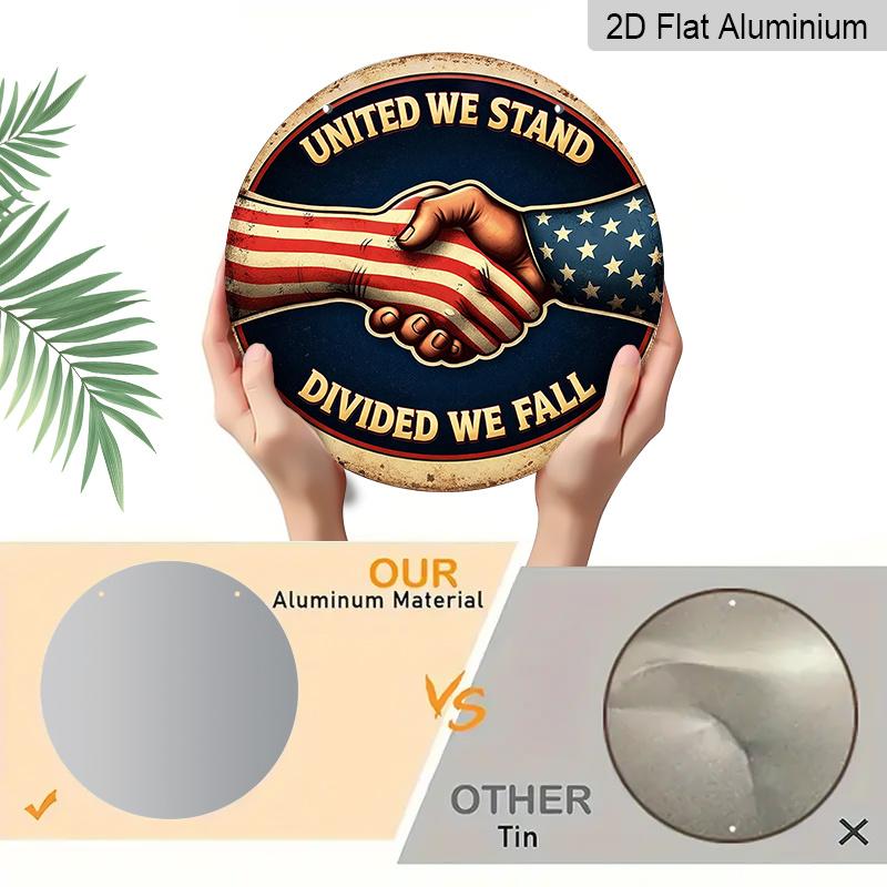 2D Flat, 1pc Round Aluminum Hanging Sign - "United We Stand Divided We Fall" Patriotic Handshake Metal Wall Art, Vintage USA Flag Design, Perfect for
