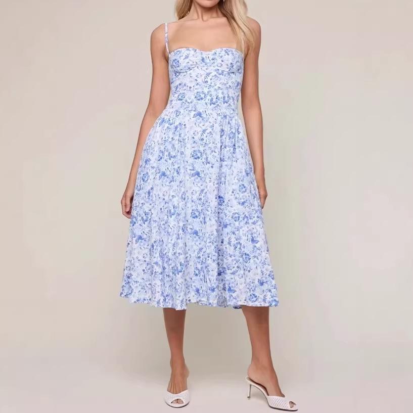 Elegant Light Blue Floral A-Line Midi Dress 2026 2XL