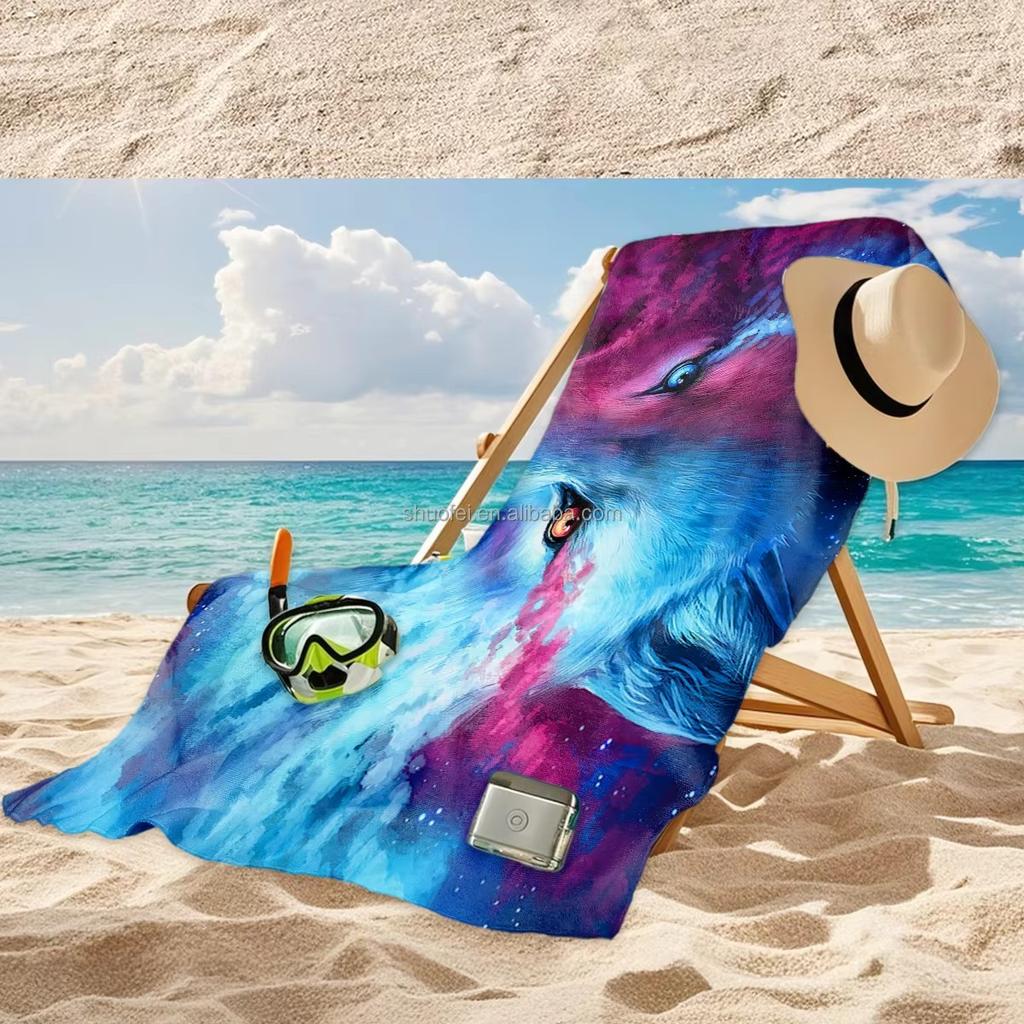 Vibrant Galaxy Wolf Head Beach Towel | Trendy Abstract Animal Art Bath Towel Perfect for Music Festival & Vacation