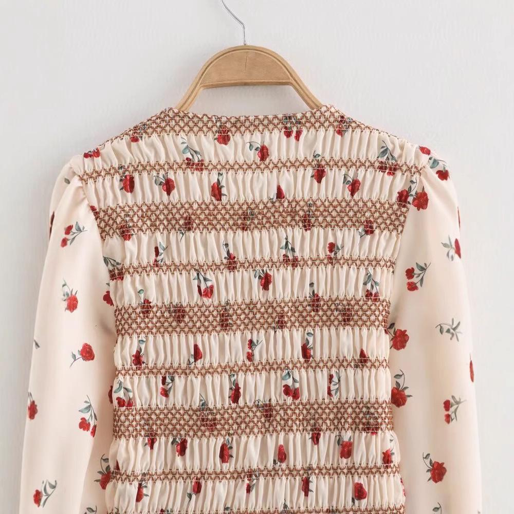 2025 Spring Women's European & American Floral Long Sleeve Round Neck Pleated Shirt