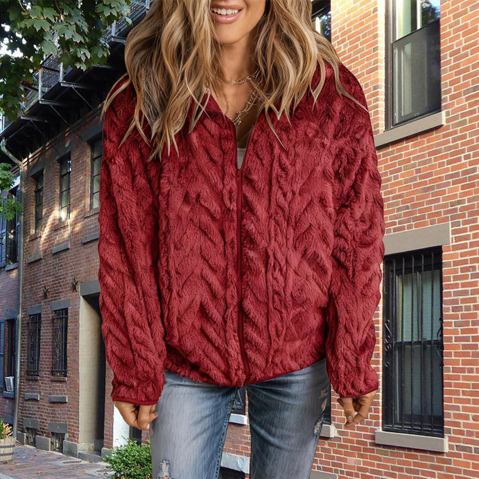 

Women s Fashion Solid Color Collar Zipper Long Sleeve Pocket Casual Plush Coat XL красный