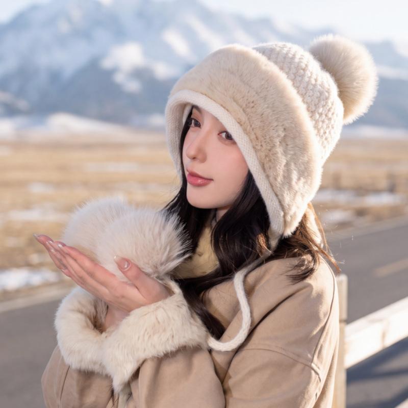 Winter Thickened Warm Ear Cap Women's Plush Big Hairball Knitted Hat Outdoor Windproof and Cold-proof Plush Hat