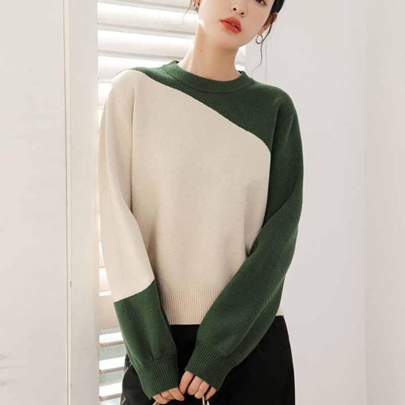 French Exquisite Contrast Color Patchwork Knitted Shirt Women's High-grade Sweater Temperament with Top Autumn and Winter
