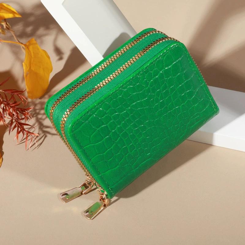 

Місткий тримач для карток з алігатора, гаманець-органайзер на подвійній блискавці для жінок, гаманець для монет зі шкіри крокодила зелений