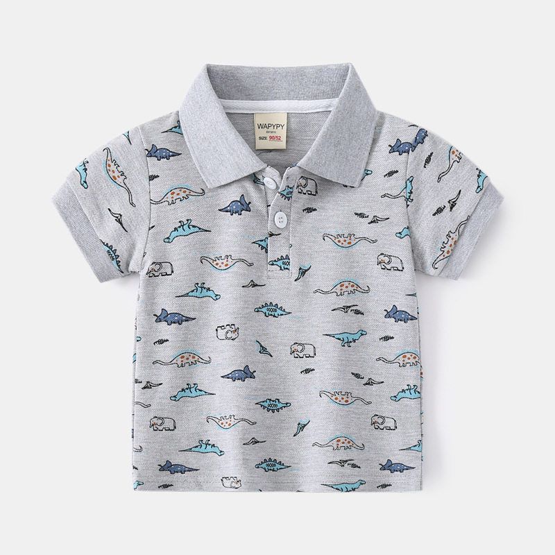 Summer Boy s Short-Sleeved T-shirt Children s Polo Shirt Pearl Cotton Polo Collar Top Baby Boy Full Print Dinosaur Clothes Gray 90