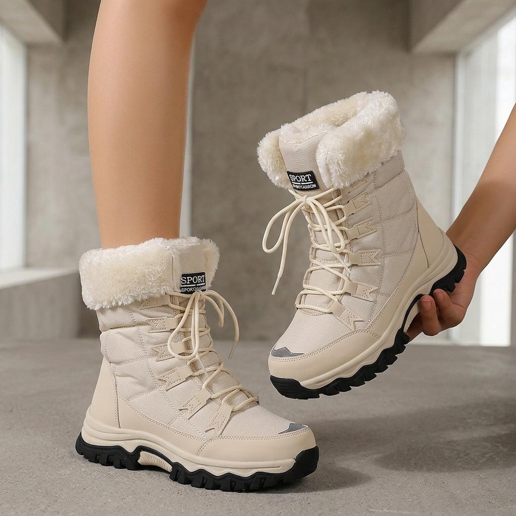 Women's Light-Colored Mid-Calf Winter Boots, Warm Fleece Lining, Plush Cuff Design, Fashion Footwear
