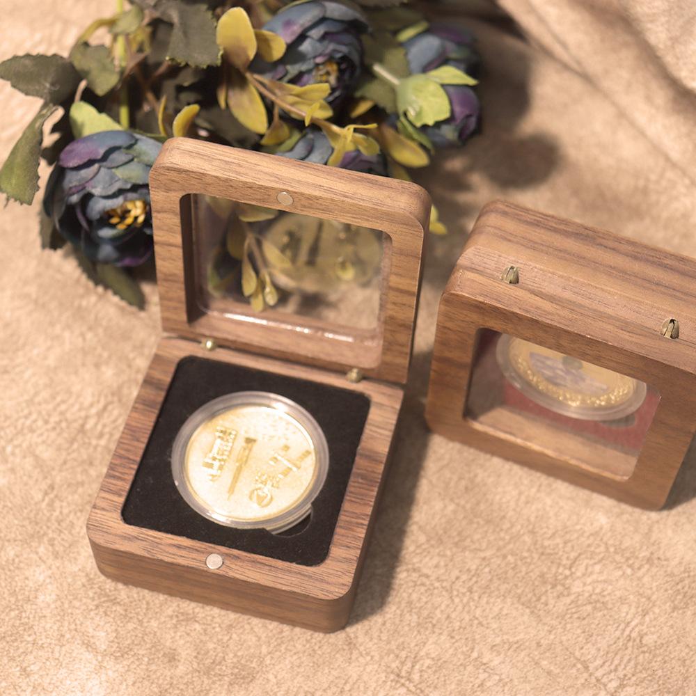 Customizable Handmade Square Wooden Commemorative Coin Storage Gift Box Transparent Window for Medal Silver Coins Made