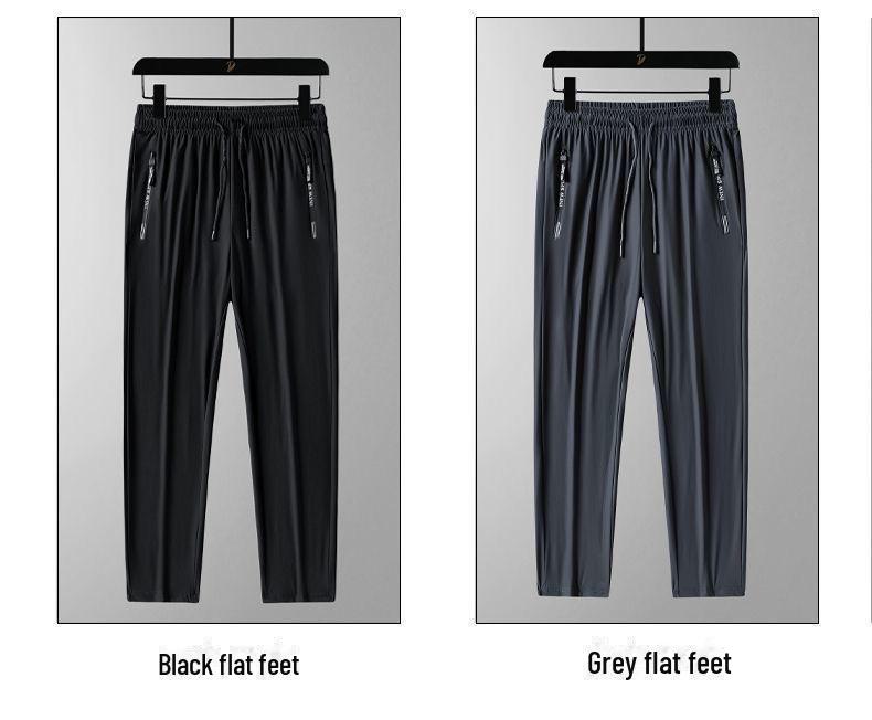Pantaloni della tuta casual estivi da uomo in seta ghiacciata, sottili e traspiranti, con gamba dritta, tasche con cerniera e polsini.
