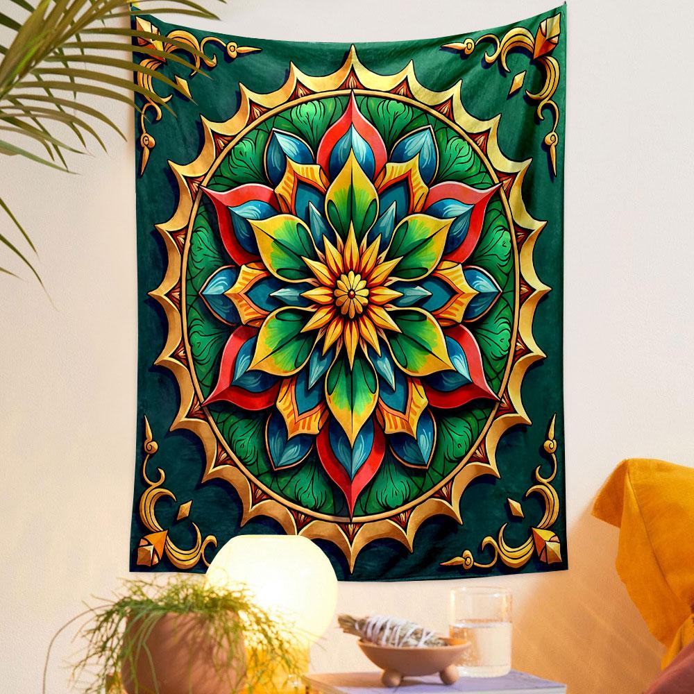 Floral Mandala Design with Golden Accents Patterned Tapestry Decorative Wall Hanging, Home Bedroom Living Room Decor