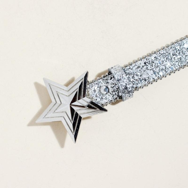 Star Buckles Belt for Women Jeans Pants Shimmering Sequined Belt Bead Trim Belt for Shorts 2000s Fashion Waist Accessories