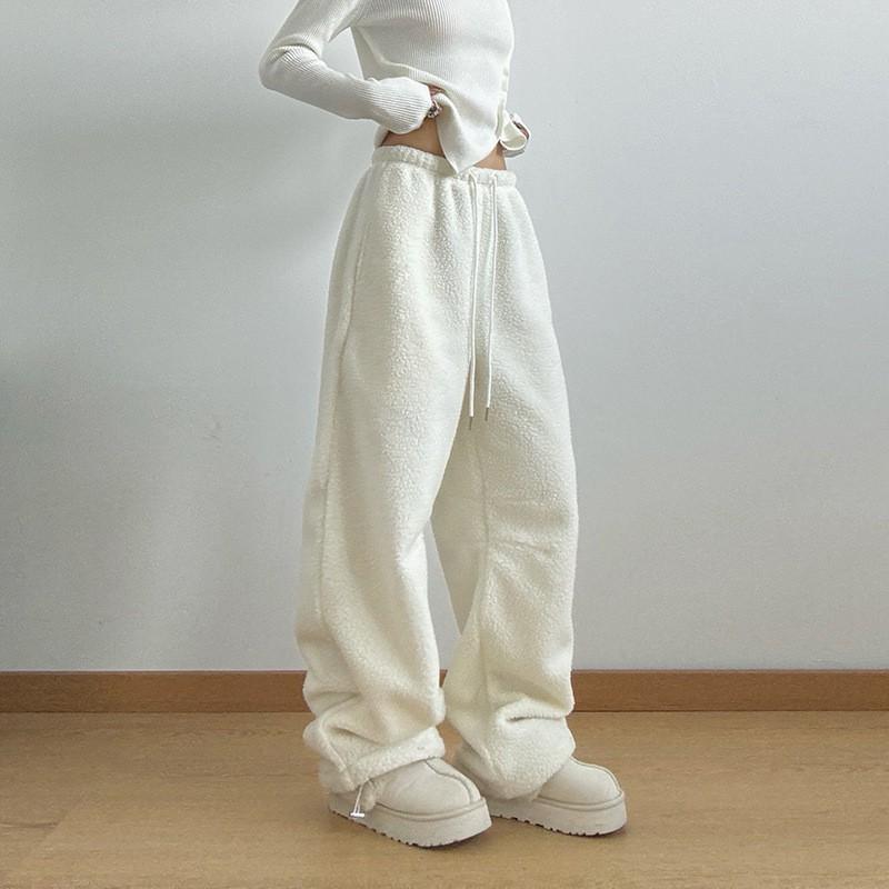 Women Fleece Lined Wide Leg Pants 2026 Winter Thick Loose Casual Straight Trousers