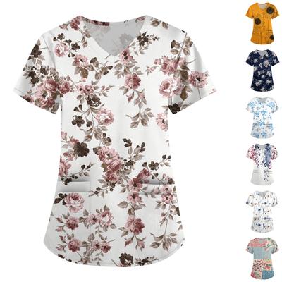 Plus SizePrinted Scrub Working Uniform Tops For Women's Cross V-Neck Print Short Sleeve Fun T-Shirts Workwear Tee With Pockets