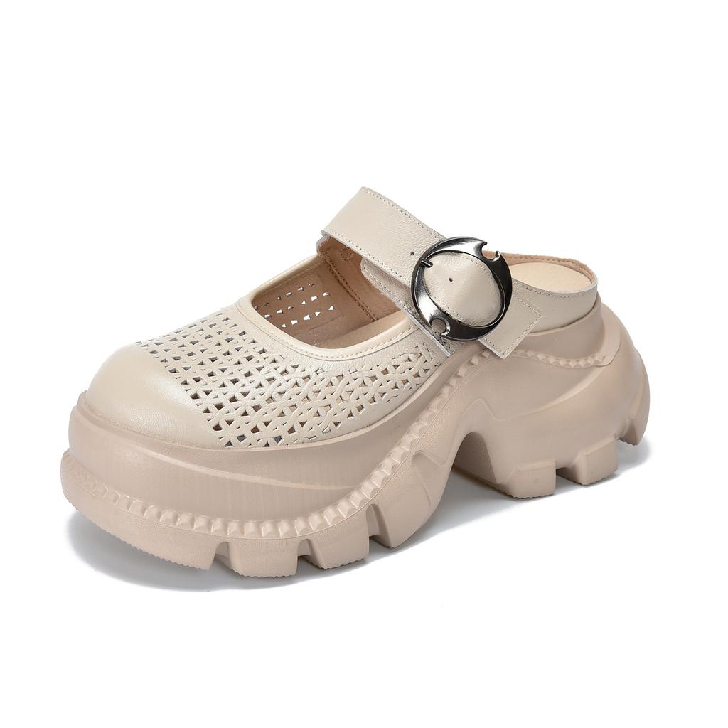 Johnature Легкі шльопанці з товстою підошвою та круглим носком з натуральної шкіри, перфоровані, дихаючі, жіноче взуття