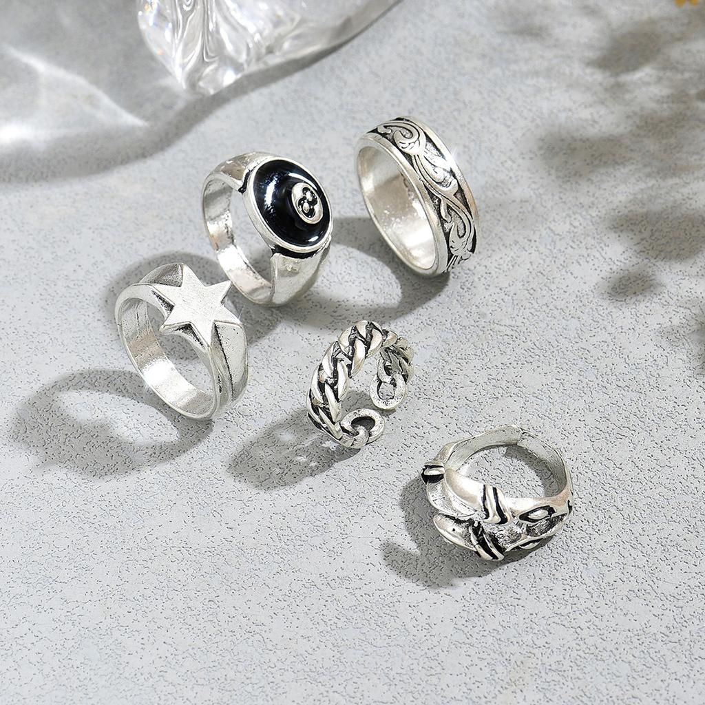 5Pcs/Set Gothic Punk Ring Set Silver Color Star 8-Ball Engraved Chain Open Stackable Rings For Men Women Streetwear Jewelry