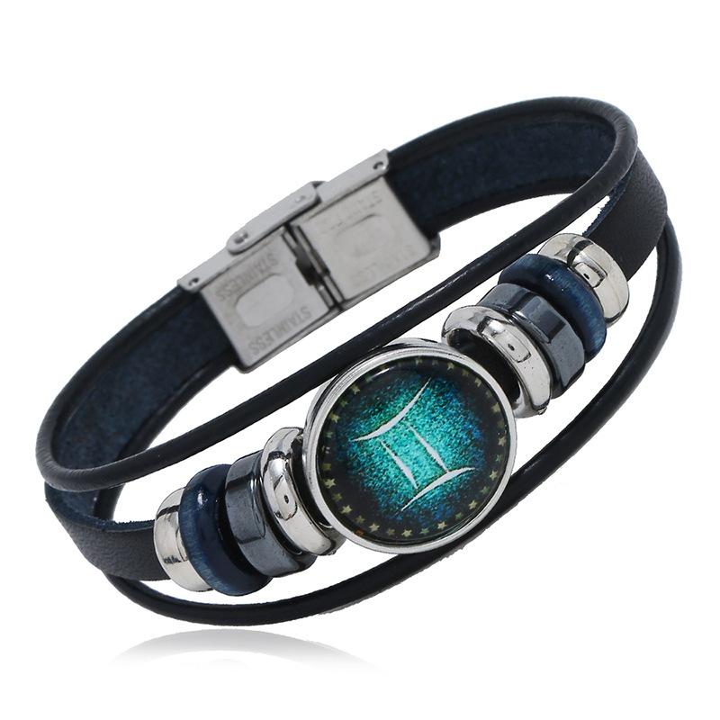 Multi Layer Constellation Leather Bracelet 12 Zodiac Sign Adjustable Fashion Jewelry for Unisex Gift Occasion