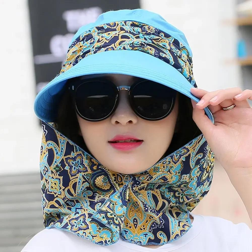 1Pc Summer Anti-UV Sun Hat Women Wide Brim Floral Print Caps Foldable Portable Sun Visor Hat Outdoor Riding Sunscreen Beach Cap