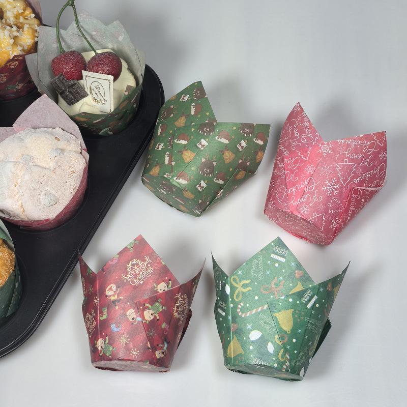 50pcs Christmas Tulip Muffin Cupcake Paper Cups Oilproof Cupcake Liner Baking Muffin Box Cup Cake Decorating Tool Wrap Cases
