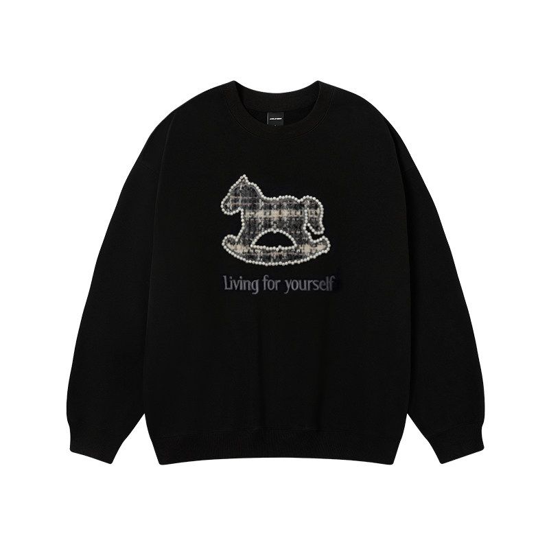 Jungle Tiger Vintage Patch Embroidery Pony Crew Neck Sweatshirt for Women 2026 Zodiac Year Heavy Beaded Loose Top for Men