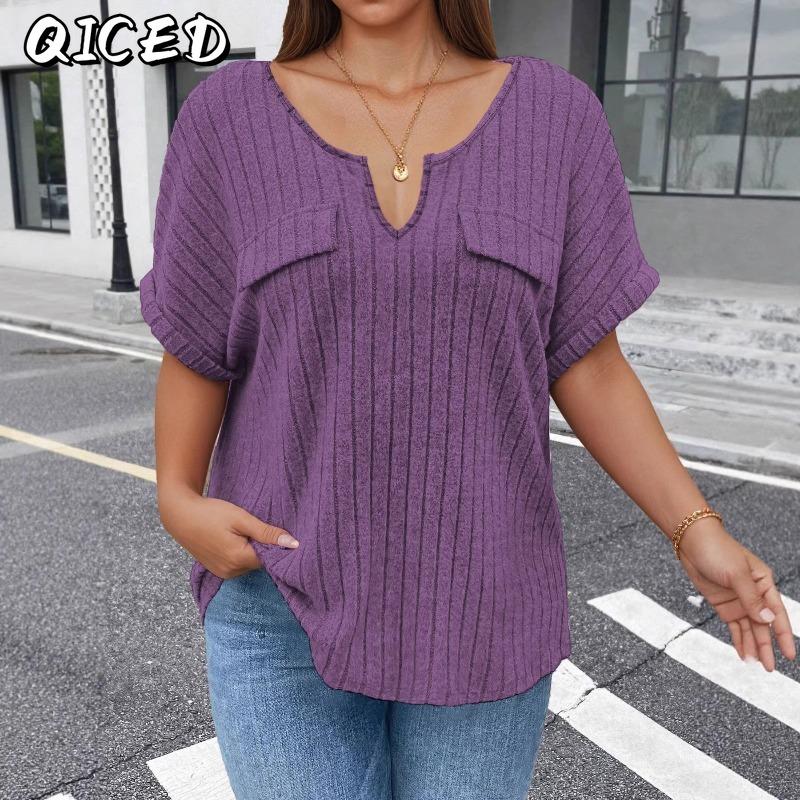 QICED Women's Fashion Casual Solid Color Print Short Sleeve V Neck Blouses & Shirts