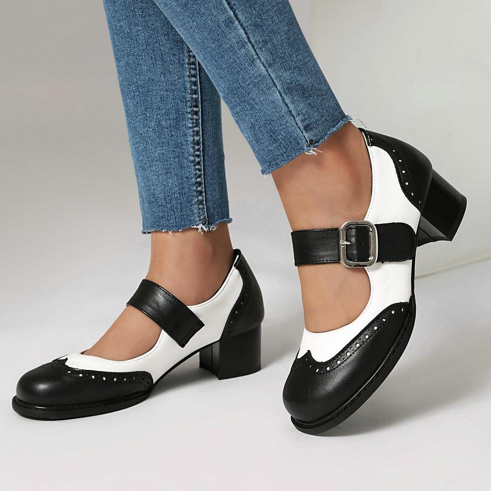 Retro British Style Women's Single Shoes Round Head Color Matching Thick Heel High Heel Word Belt Casual Women's Shoes Spring and Autumn Brock Women's