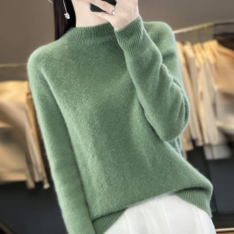 Half Turtleneck Jacquard Cardigan Autumn and Winter Loose and Versatile Cashmere Knitted Sweater Skin-friendly Warm Bottoming Shirt Top