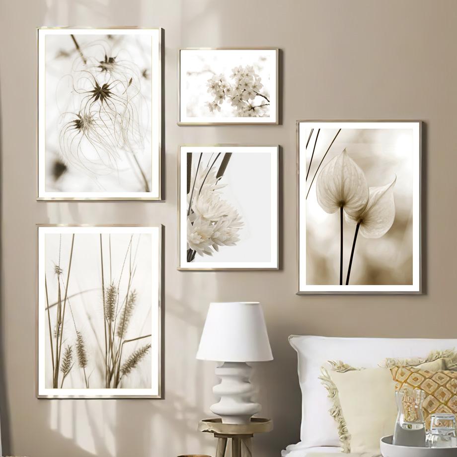 Beżowy plakat z krajobrazem mniszek lekarski ogon trzciny kwiatowej liść ścienny drukowany obraz na płótnie obrazy ścienne salon Home Decor