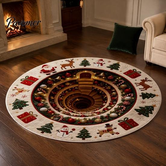 Unique Seasonal Gift Rugs Christmas Round Area Rug, 3D Visual Trap Floor Mat with Santa Elk Print, Soft Crystal Velvet Carpets Non-Slip Stain
