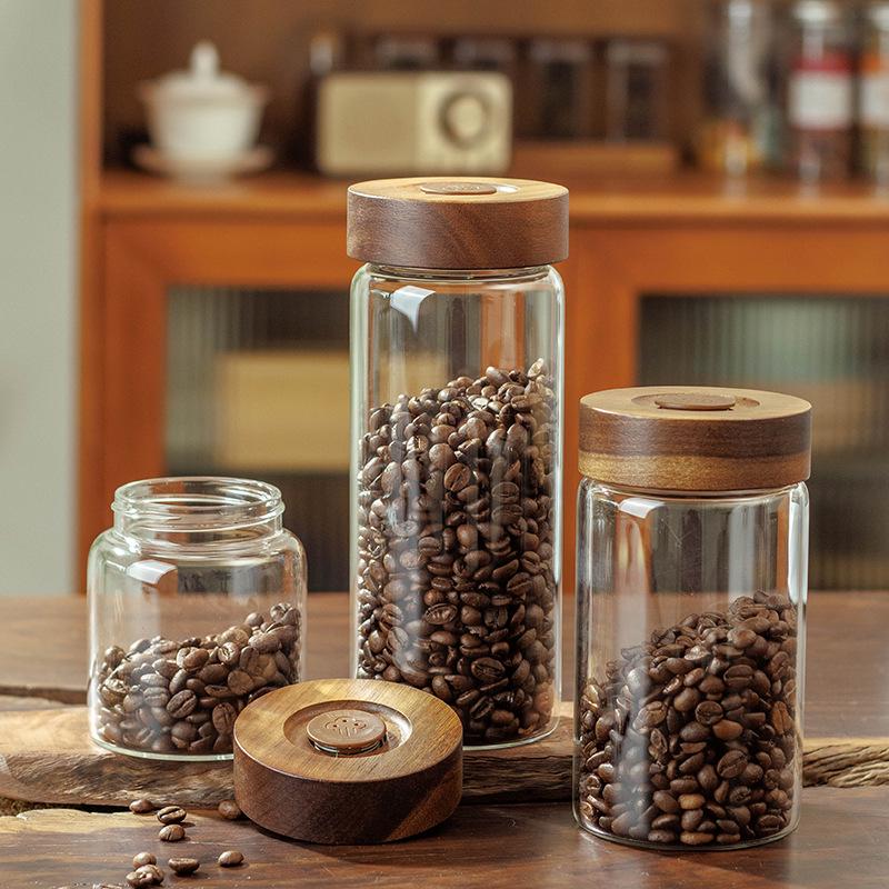 Coffee Bean Sealed Glass Jar with One-Way Valve, Wooden Lid - for Coffee, Tea, and Dried Goods Storage