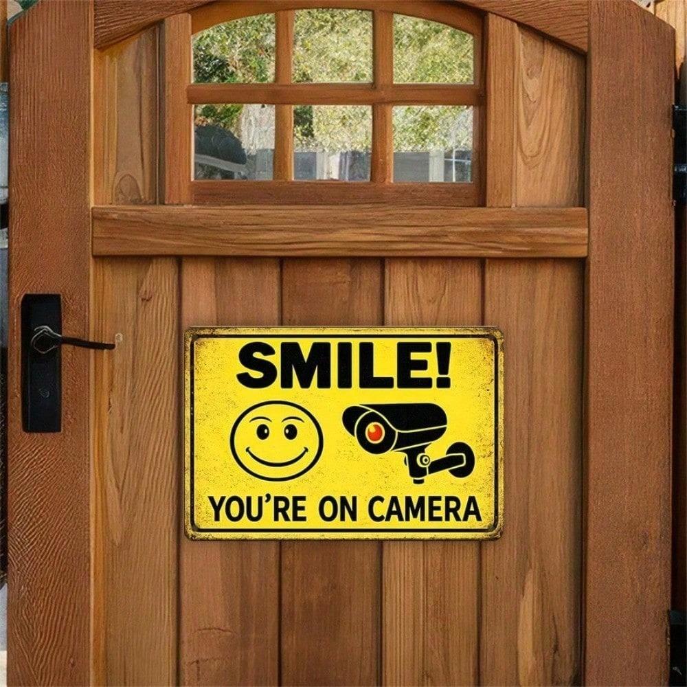 Smile You're On Camera Metal Tin Sign, 2D Flat Humorous Warning Wall Plaque, 12x8 Inch Durable Iron Decor, Easy to Hang
