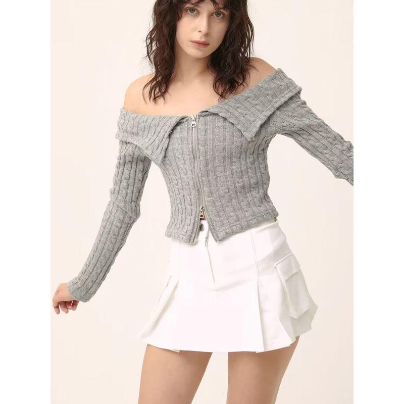 Cable Stitch Large Lapel off-Shoulder Double-Headed Zipper Knitwear