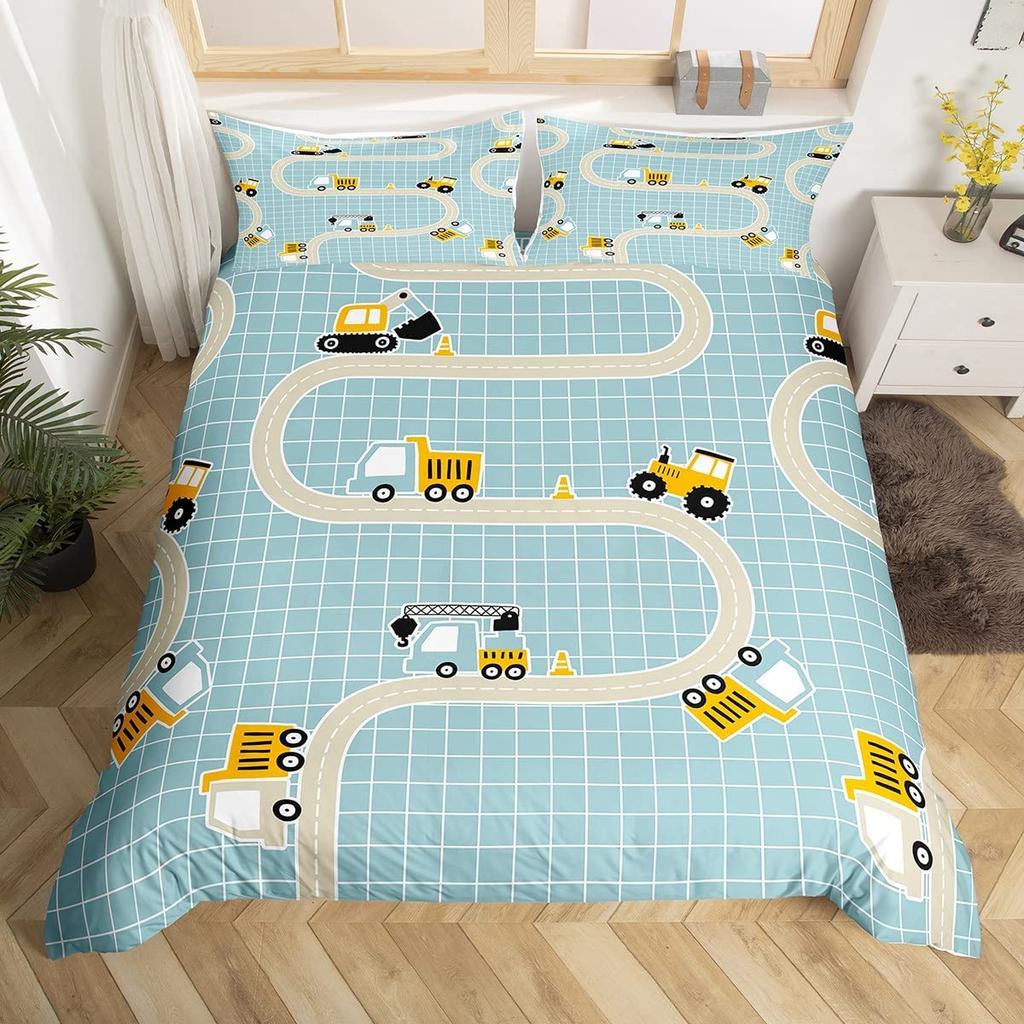 Kids Construction Trucks Duvet Cover King Size Boys Cartoon Car Excavator Tractor Bedding Set Highway Comforter
