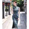 New Chinese retro green printed sleeveless temperament dress improved cheongsam waist wrap hip dress 1011 summer
