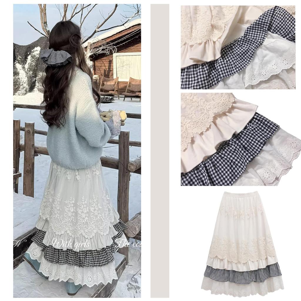 LAVASEON Cute Long Skirt with Lace and Floral and Embroidered Tiered Check Mori Girl High Winter Ruffles, Women's Mass-Produced School-Style Skirt,